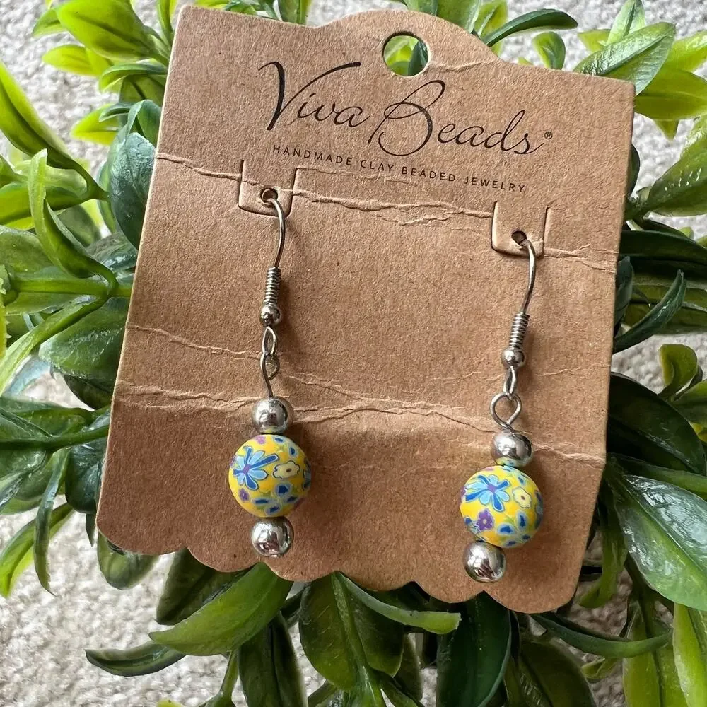 NEW Viva Beads Handmade Clay Round Yellow Floral Print Dangle Earrings